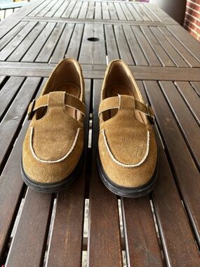 Sam Edelman Camel Suede Mary Jane Loafers with Contrast Stitch